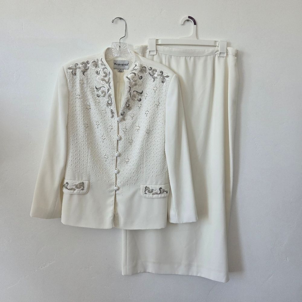 Vintage John Meyer Of Norwich Skirt Suit Ivory Cream Embellish Bridal Church 12